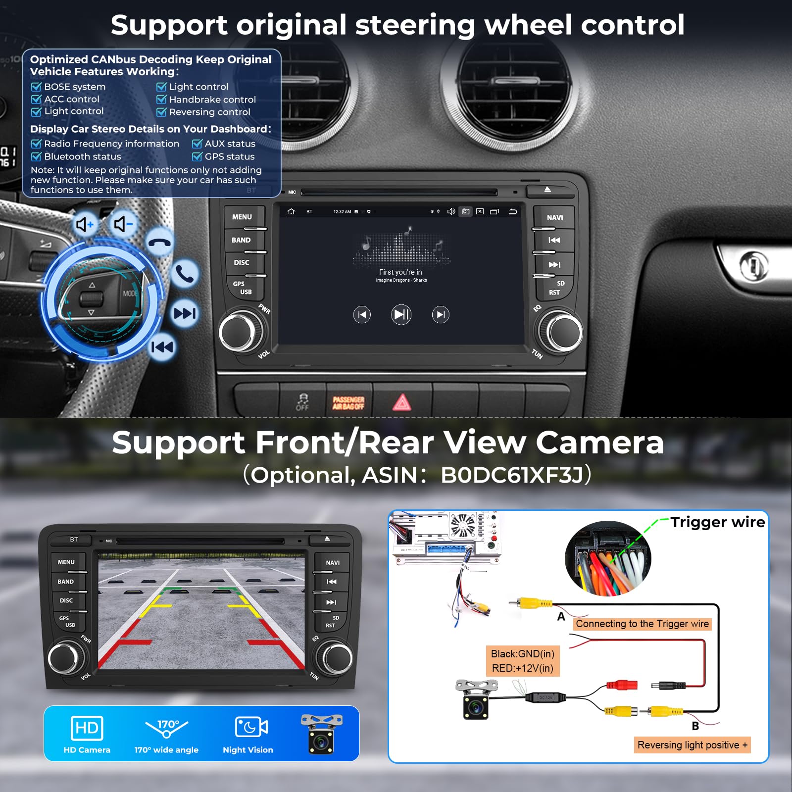 7 pollici Autoradio per Audi A3 S3 RS3 8P con lettore CD/DVD, unità principale 4+64GB Giroscopio integrato Wireless Carplay/Android Auto Navigatore GPS WiFi 4G Bluetooth FM/AM RDS DSP SWC