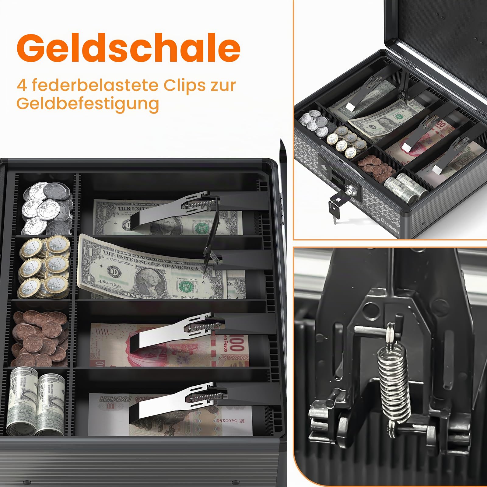 Geldkassette mit Schloss, Spardose mit Schlüssel & herausnehmbarem Münzfach 11.4 x 5.3 x 13.5 Zoll (Extra groß) | 4 Münzablagen, Schlüsselschloss mit 2 Schlüsseln, Stauraum unten, langlebige Aluminiumlegierung