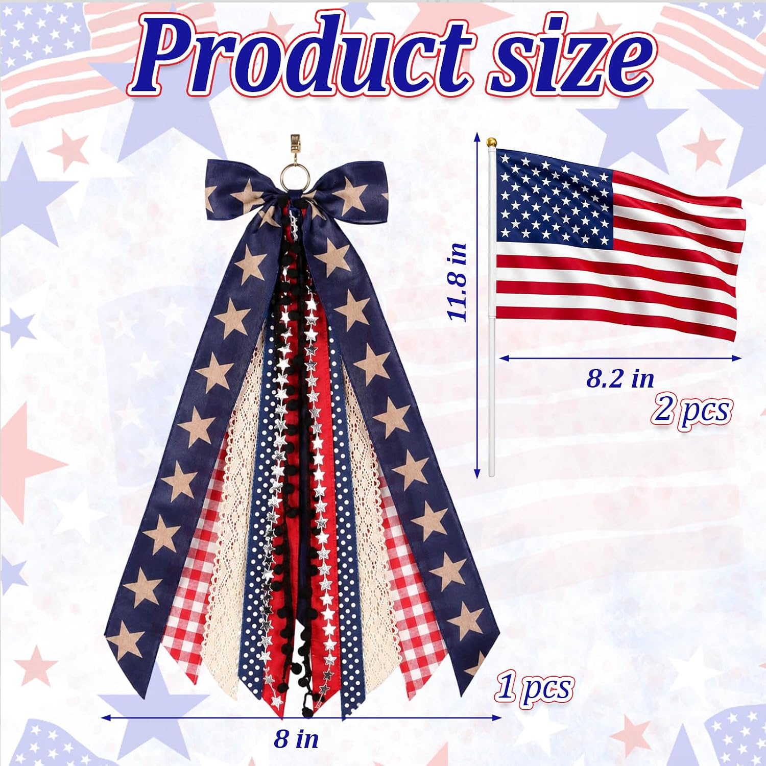Patriotic Front Door Wreath Sash, 4th of July Red White and Blue Bows Clip, Americana Star Bow with Metal Clip for Front Door Indoor Outdoor Memorial Day Decoration