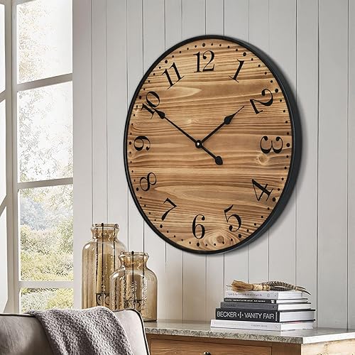 Miniatura 8 de Reloj de pared rústico para decoración de sala de estar, reloj de pared grande de 24 pulgadas con cara de madera marrón oscuro y marco de metal