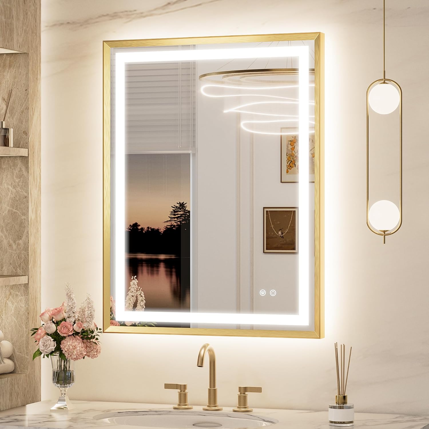 Keonjinn 28 x 36 Inch Gold LED Bathroom Mirror with Frontlit & Backlit, Lighted Mirrors for Bathroom Wall, UL Listed LED Driver, Tempered Glass, Metal Framed Beveled Edge, 3000K/4500K/6000K, Defogging 36"L x 28"W Brushed Gold