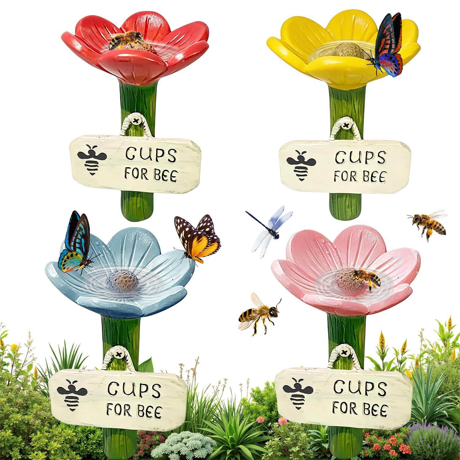 4 Stück Bienentränken Keramik Blumen, Sichere Garten-Insektentränke für Bienen, Schmetterlinge & Bestäuber, Bunte Bienentränken für den Garten, Trinkstelle, Bee Cups für Garten & Balkon