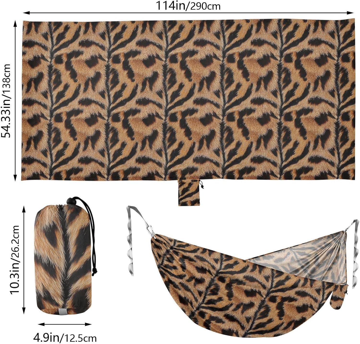 ALAZA Tiger Print Camping Hammocks Single or 2 Person 500 lbs Portable Parachute Travel Hammock w/Tree Straps for Hiking Backpacking Indoor Outdoor
