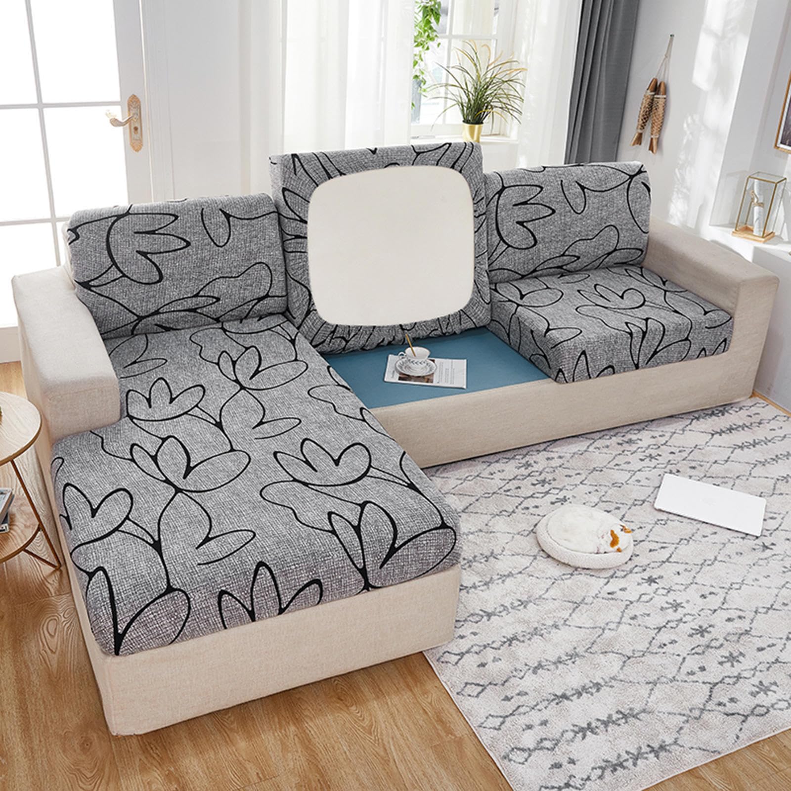 Sofa Seat Cushion Cover-Stretch Sofa Cushion Covers Replacement 1 2 3 4 Seater Printed Sofa Cover for Individual Cushions Anti Slip Sectional Sofa L Shape Couch Slipcovers ,C-4-seater（230-280cm)