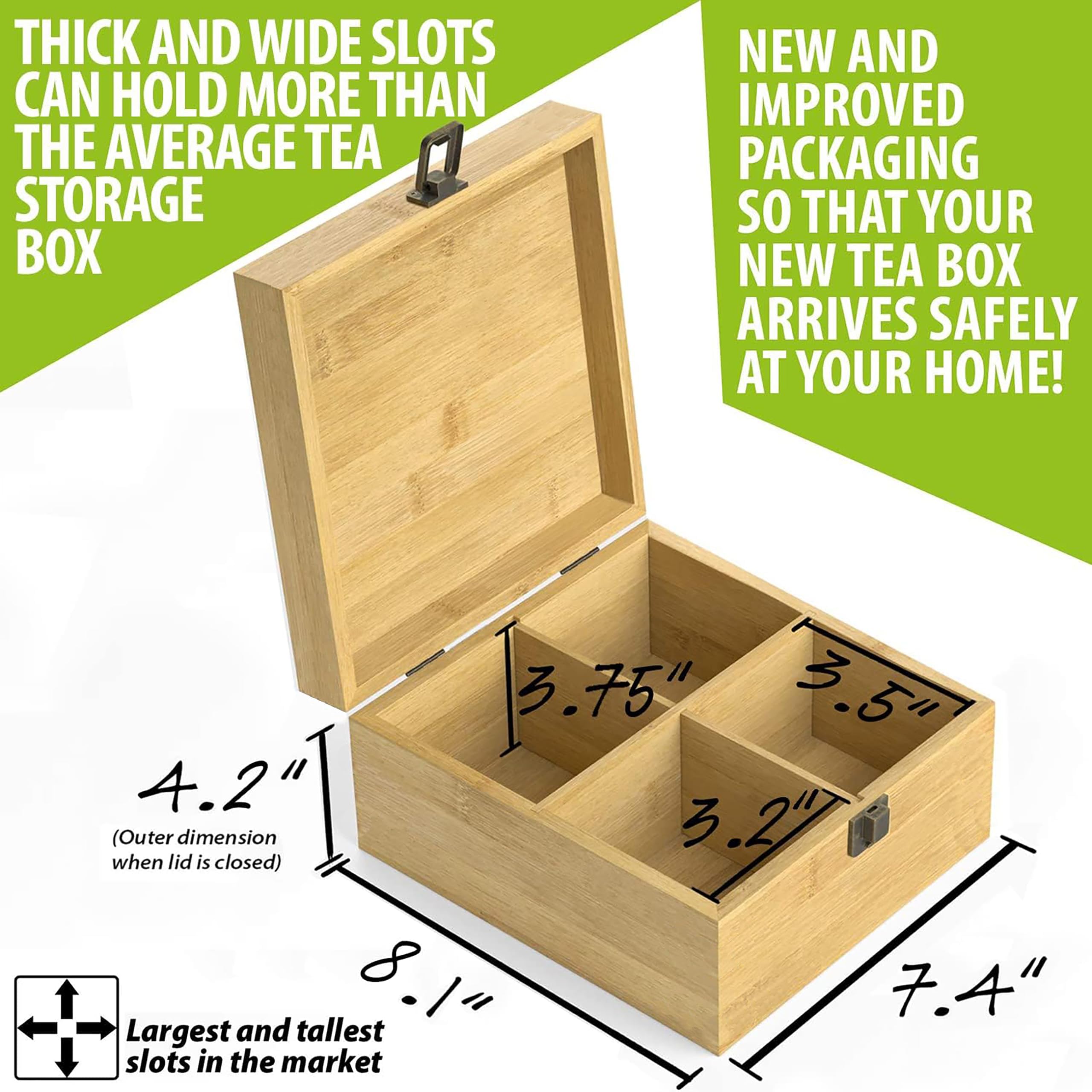 Caja organizadora de té de bambú sin químicos, grande, alto, ajustable, caja de almacenamiento de madera natural (4 ranuras cuadradas de 7.4 x 8.1 x 4.2 pulgadas en blanco)