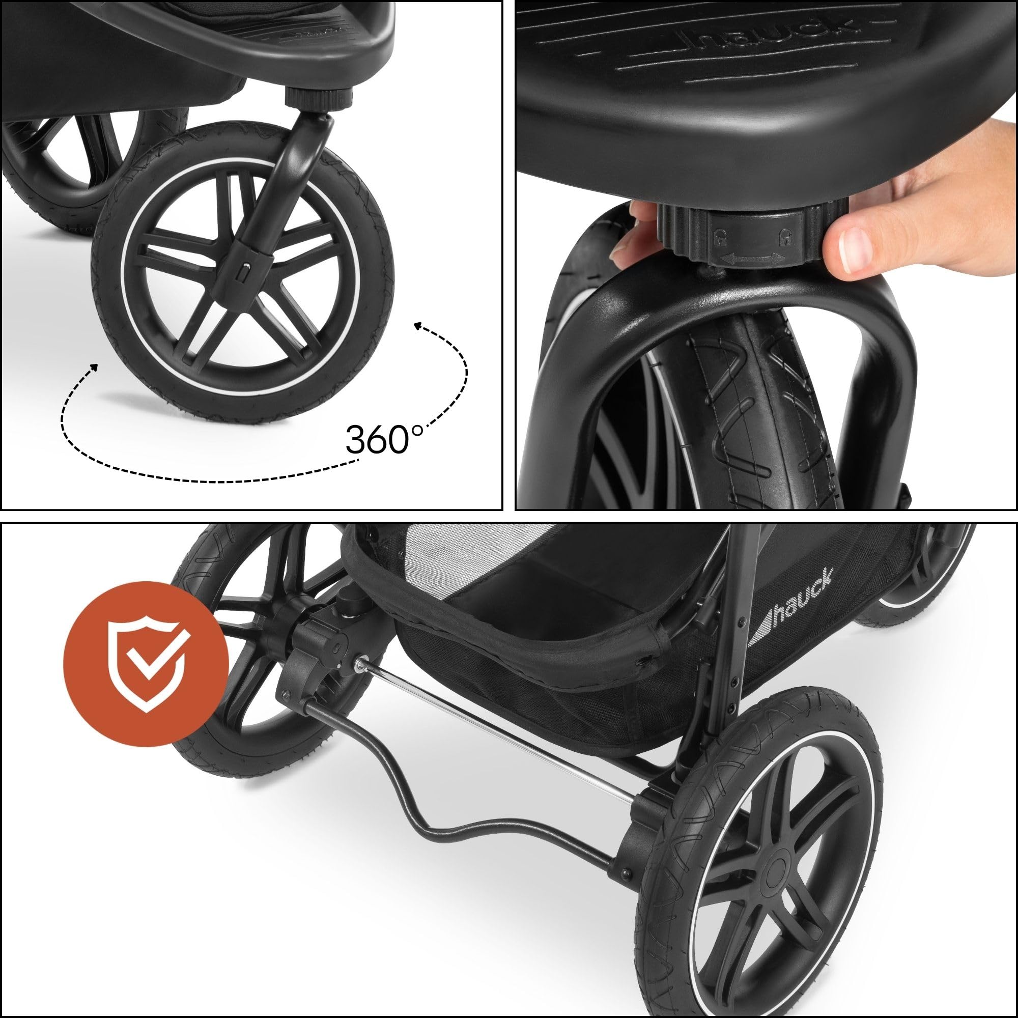 Hauck Poussette 3 Roues Rapid 3R, Pneus Caoutchouc, Suspension, Position Allongée, 22 kg, Protection UV 50+, Pliable, Guidon Réglable, Noir