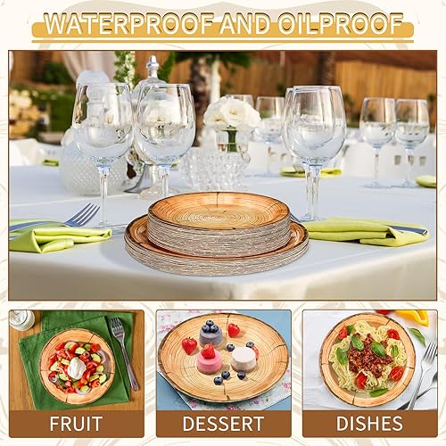 Miniatura 5 de Tioncy 50 platos de papel de grano de madera de 7 pulgadas y 9 pulgadas, plato de madera rústica, redondo, desechable, para bosque, baby shower,