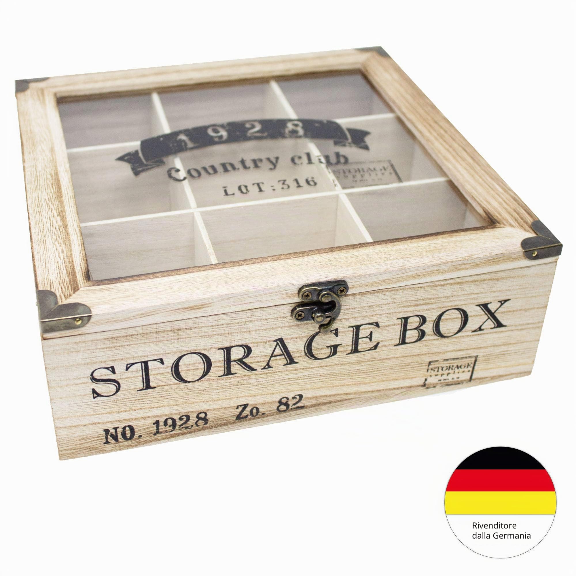 ToCi Scatola da tè in legno naturale con 9 scomparti – Scatola rettangolare con finestra in stile vintage – Contenitore per tè per bustine di tè, spezie e piccole parti | 24 x 24 x 8,5 cm