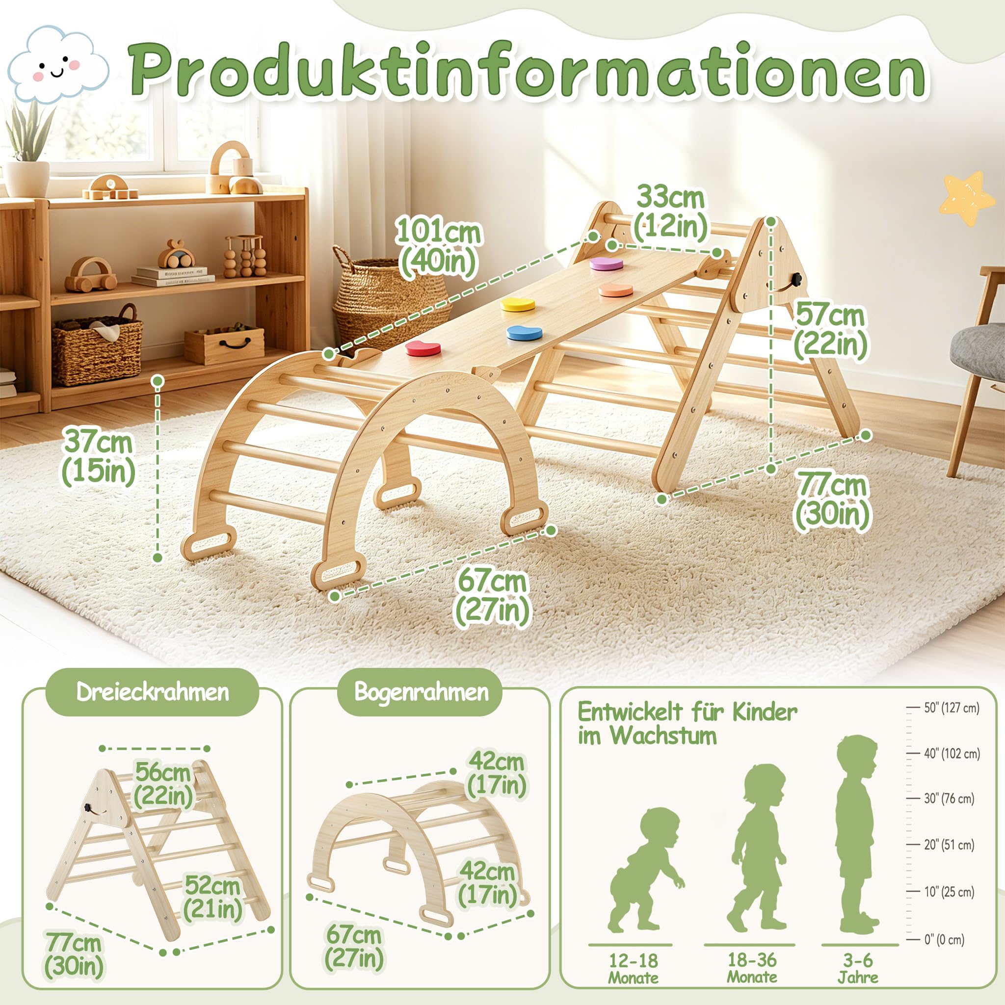 XMTECH Kletterdreieck mit Kletterbogen & Rutsche – 4 in 1 Holz Klettergerüst Indoor, Kletterspielzeug für Kleinkinder 1-3 Jahre, belastbar bis 40 kg, inkl. Kletterbrett & Motorik-Spielgerät