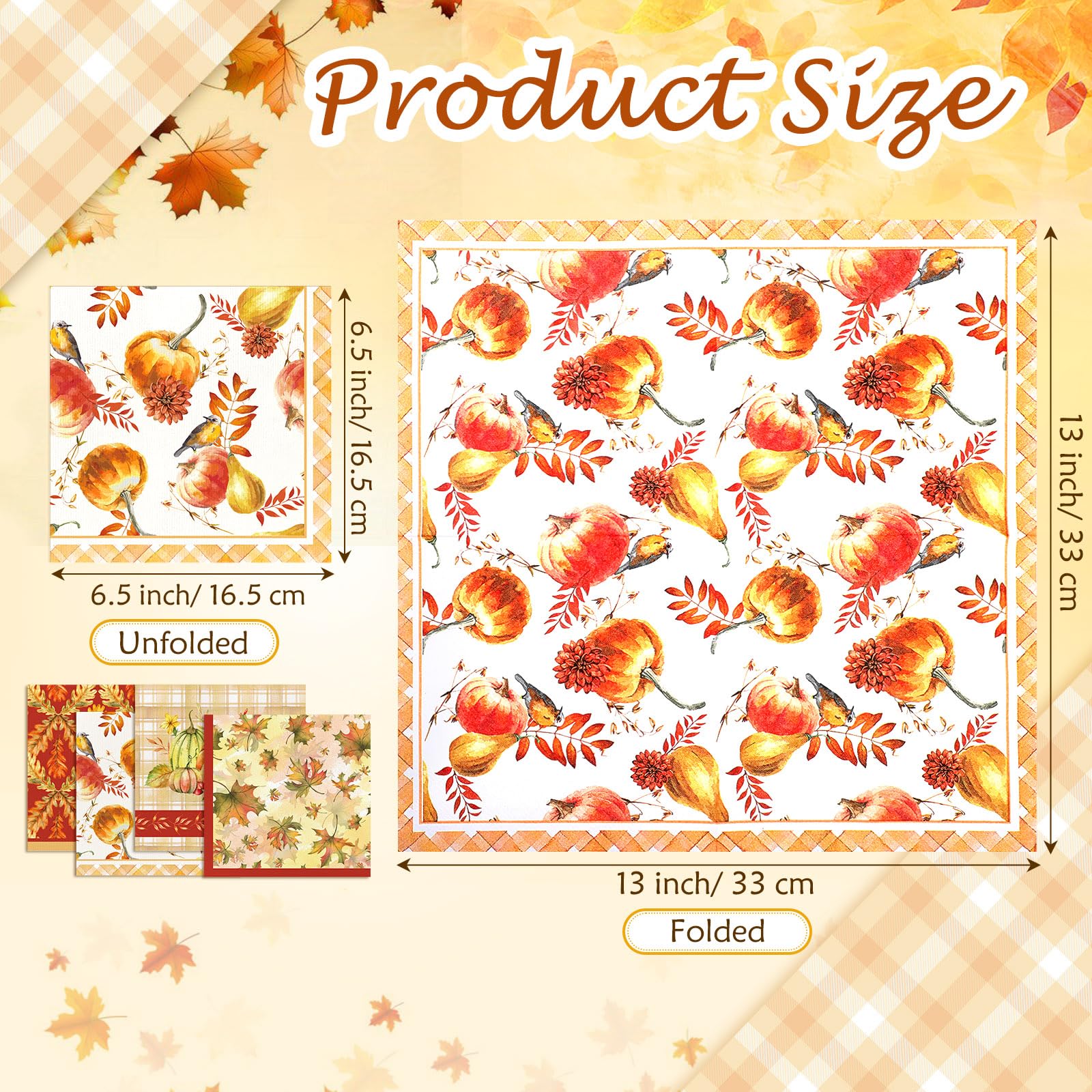 Tiamon 200 Pcs 3 Ply Thanksgiving Cocktail Napkins 6.5 x 6.5 Inch Pumpkin Maple Leaves Guest Napkins Disposable Fall Luncheon Napkins Paper Towels for Autumn Harvest Dinner Tableware Supplies
