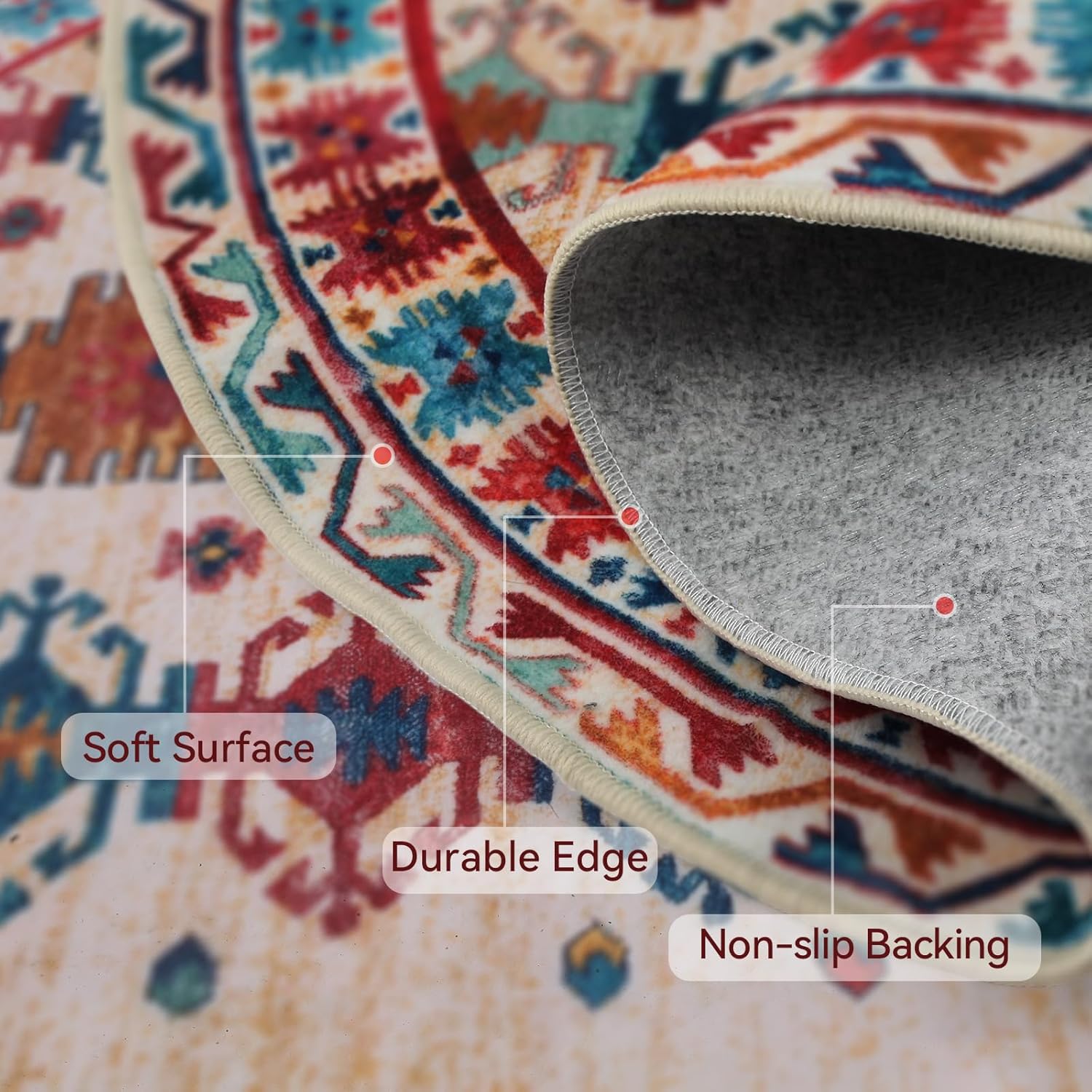 Mirok Abstract Tribal Motif Round Rug 5 Ft Washable Non-Slip Soft Circle Area Rugs for Bedroom Kitchen Laundry Bathroom Living Room