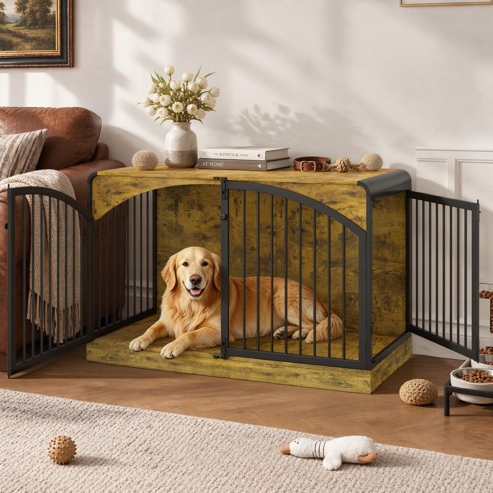 XXL Dog Crate Furniture, 120cm Curved Dog Cage, Double Door, Rustic Brown — image 1