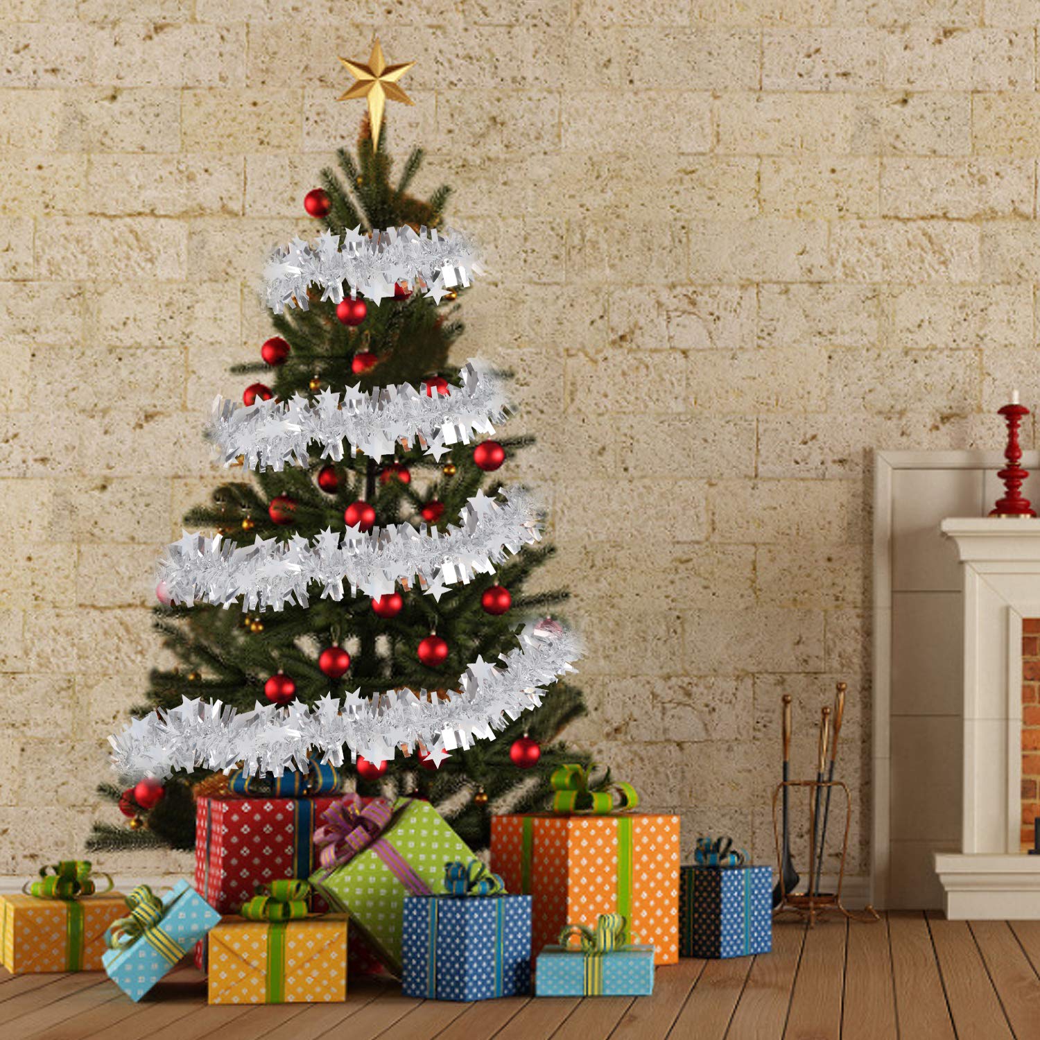 Guirnalda de espumillón para Navidad, Guirnalda de oropel navideña Rosa de 6M for árbol de Navidad(Silver Tinsel)