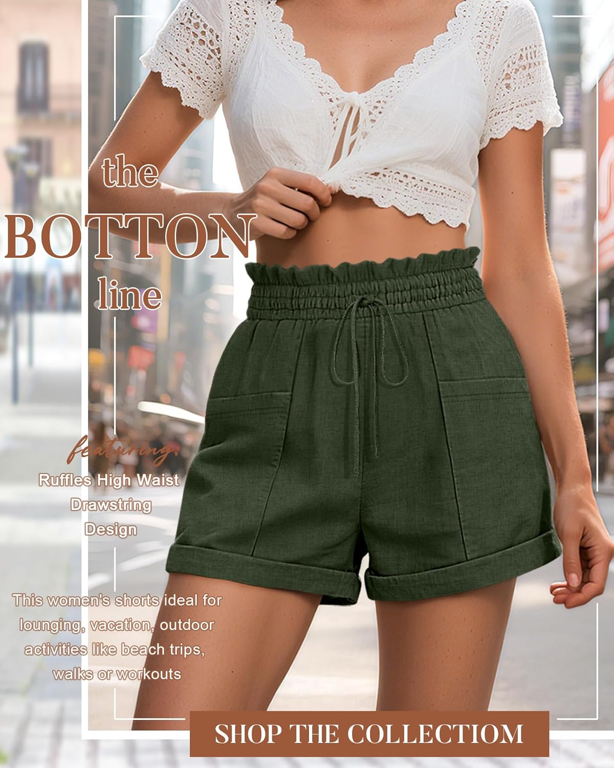 Women's Linen Shorts, Casual Ruffle High Waisted Drawstring Wide Rolled Leg Summer Lounge Shorts with Pockets - Image 4