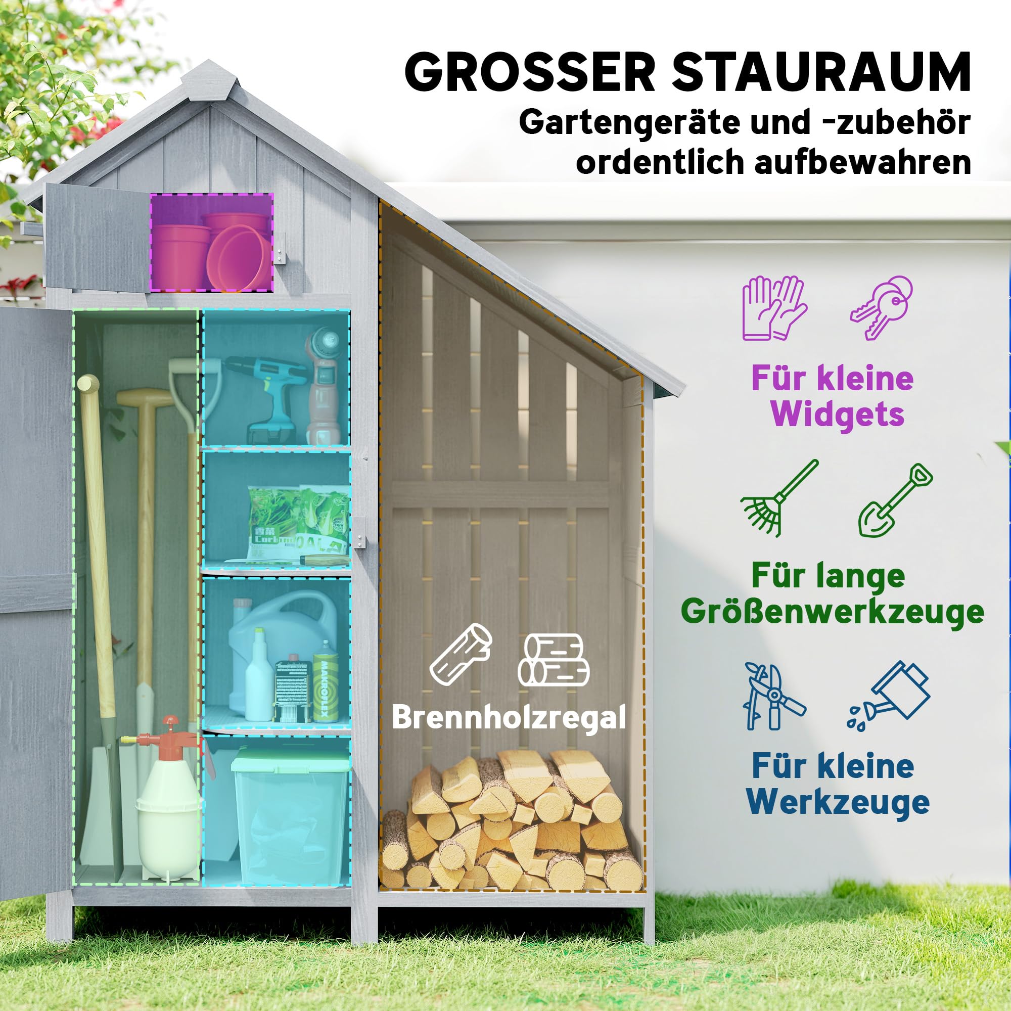 Outsunny Armoire de jardin en bois d'extérieur - Résistant aux intempéries - Avec toit en asphalte - Étagère - Armoire de rangement polyvalente pour jardin, terrasse - 129 x 51,5 x 180 cm - Gris