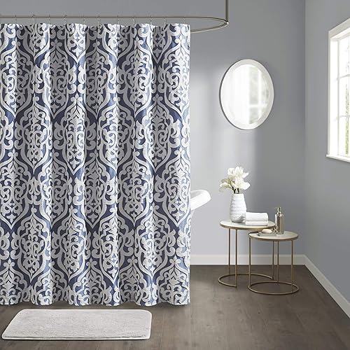 Madison Park Odette Cortina de ducha de tela jacquard texturizado de lujo, medallón de damasco, lavable a máquina, moderna decoración de baño para