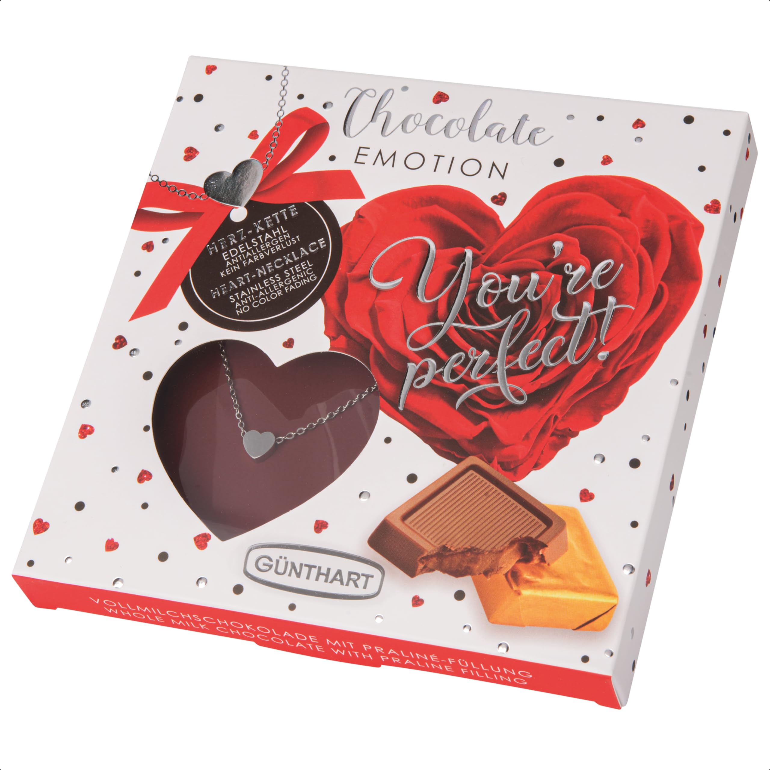 Günthart 12 Stück Pralinen Emotion Präsent "Youre perfect" mit Schokolade gefüllt und Herzkette, (1er Pack 600 gr)