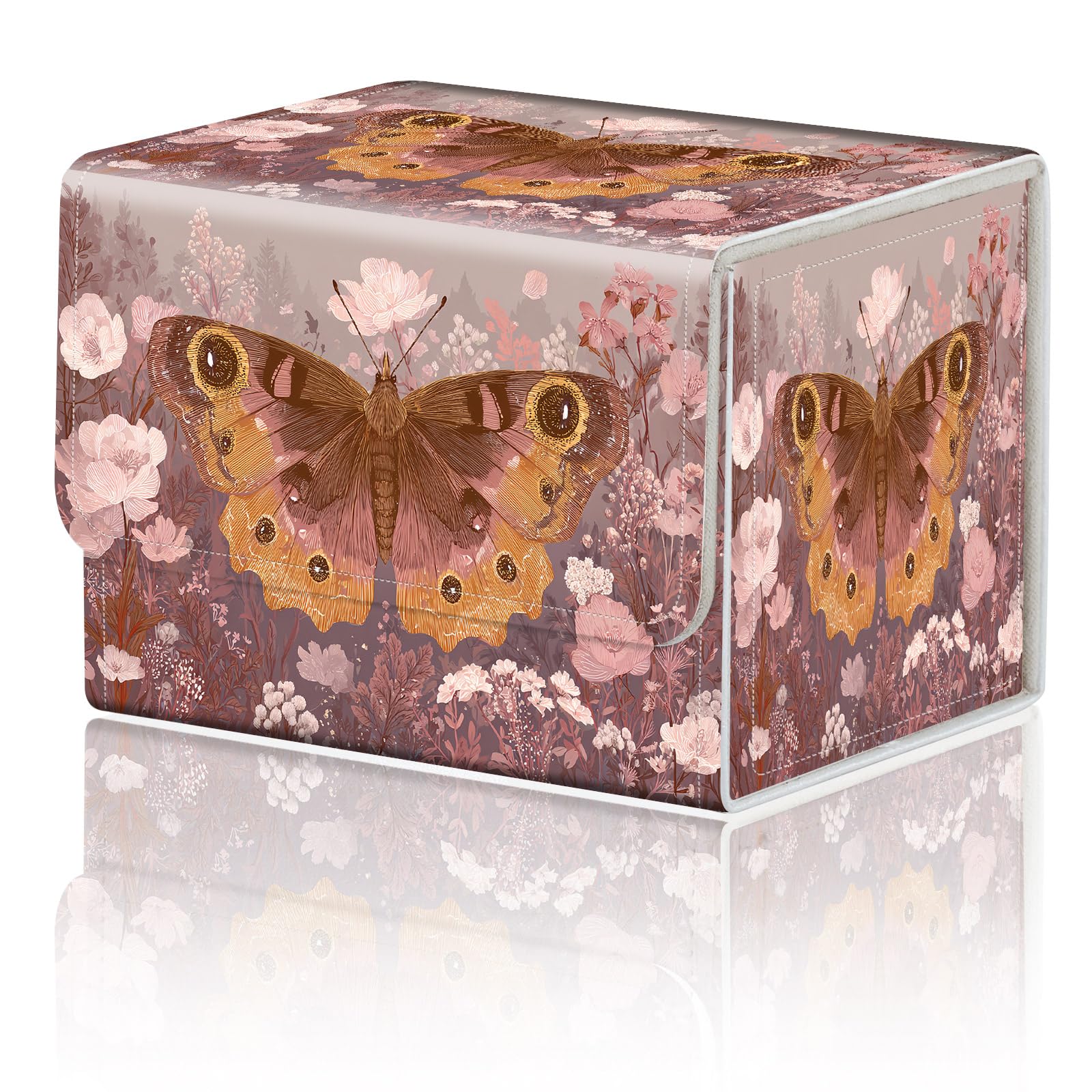 Card Game Storage Box for TCG Deck Box MTG Card Box Organizer Trading Card Case Commander Deck Box TCG Card Storage Box Magnetic Closure Creative Pattern Up to 200 Cards, Pink Wildflowers Golden Moths — image 1
