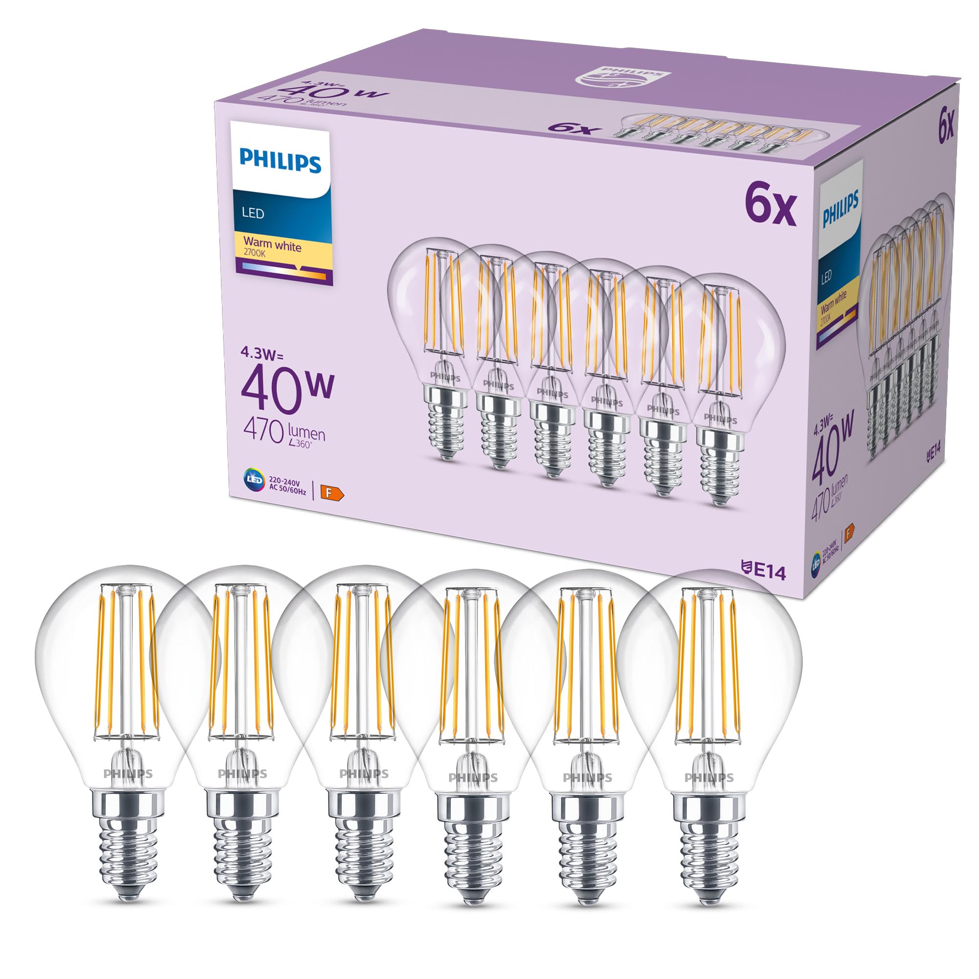 Philips classic P45 LED Lampe, 40 Watt, klar, E14 Sockel, 2700 K warmweißes Licht, 6er Pack