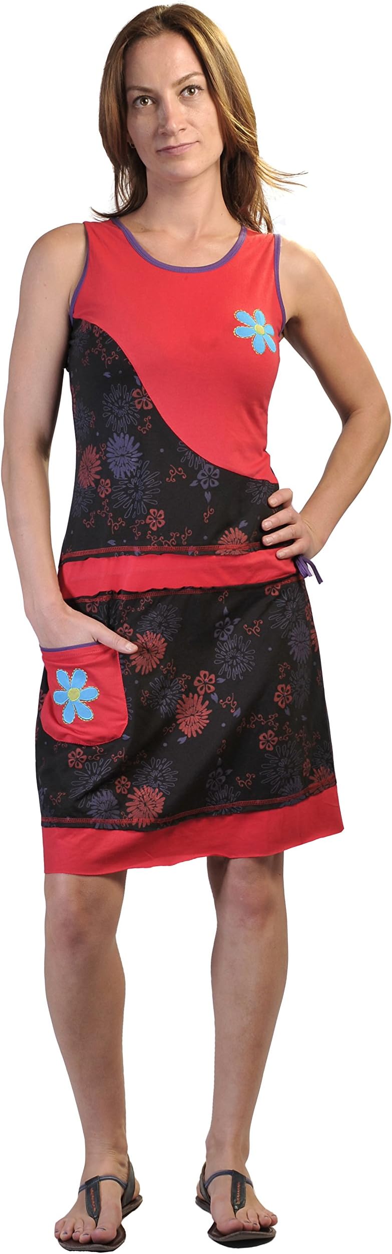 TATTOPANILadies Summer Sleeveless Dress with Flower Patches and Embroidery