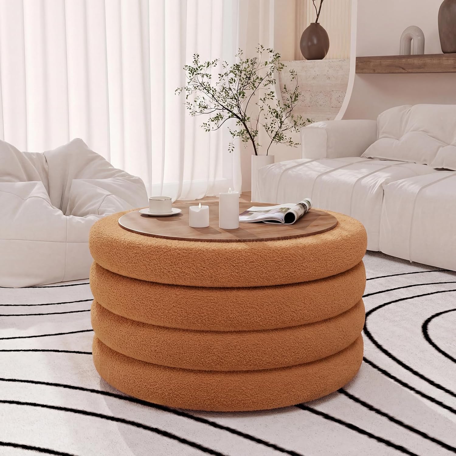 30 Inch Round Ottoman Coffee Table with Storage, Large Sherpa Storage Coffee Table Ottoman with Tray, Multi-Functional Cozy Modern Foot Rest for Couch, Living Room，Cream White