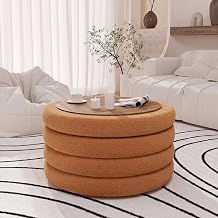 FiveWillowise 30 Inch Round Ottoman with Storage,Large Sherpa Storage Coffee Table Ottoman with Tray, Multi-Functional Cozy Modern Foot Rest for Couch, Living Room, Bedroom, Brown
