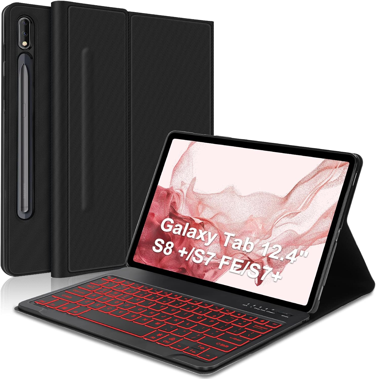 Galaxy Tab S8+/ S7 FE/ S7+ Keyboard Case 12.4 inch Keyboard Case for Samsung Tab S8 Plus/S7 FE/S7 Plus - Backlit Wireless Detachable Keyboard with S Pen Holder, Slim Multi-Angle, Black