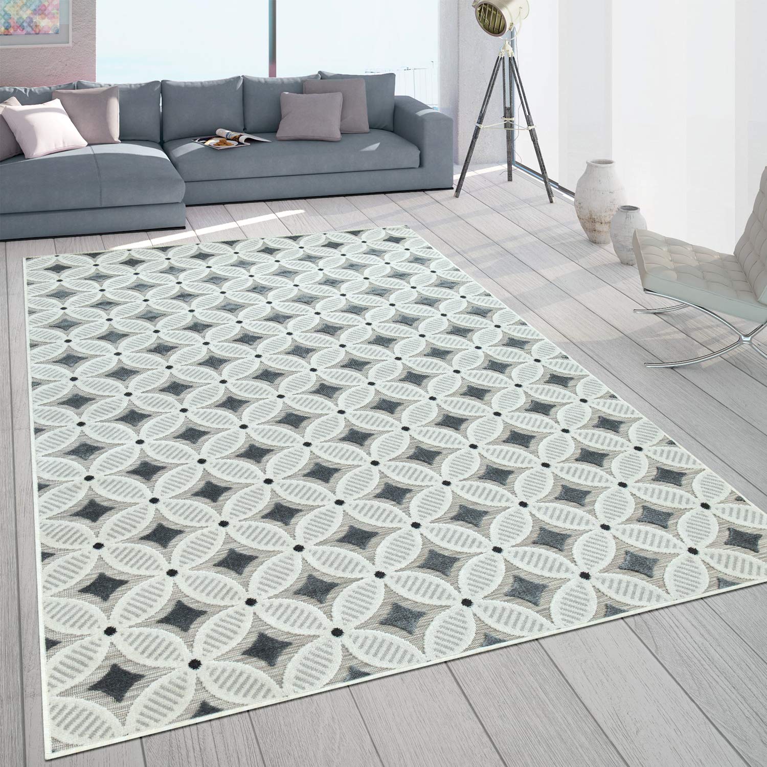 Paco Home In- & Outdoor-Teppich Mit Retro-Design Balkon Terrasse 3D-Web-Art In Grau Beige, Grösse:80x150 cm