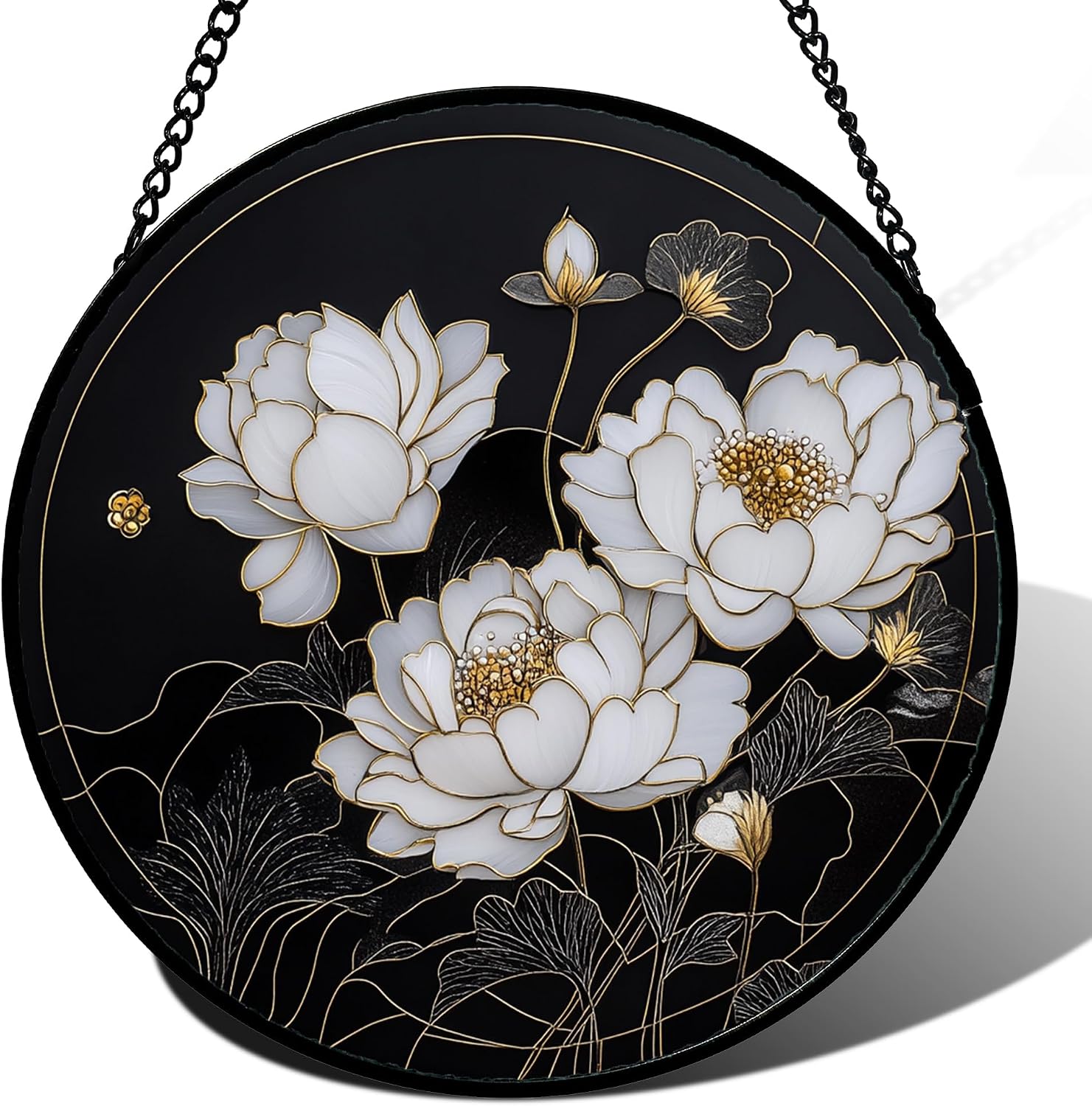 Stained Glass Window Hanging - White Peony Suncatcher for Door Terrace Garden Home Decor Black Gold Line Flower Sun Catcher Birthday Gifts for Lovers Women Men Dad Mom Nana 9.8 in