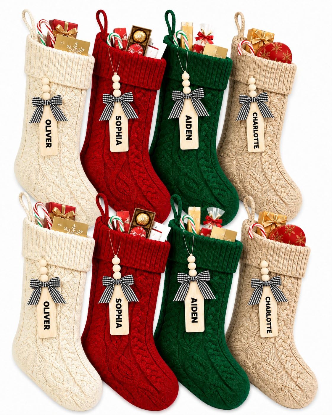 houscly Medias de Navidad personalizadas grandes de 18 pulgadas: paquete de 8 medias de Navidad, color rojo, marfil, verde, caqui
