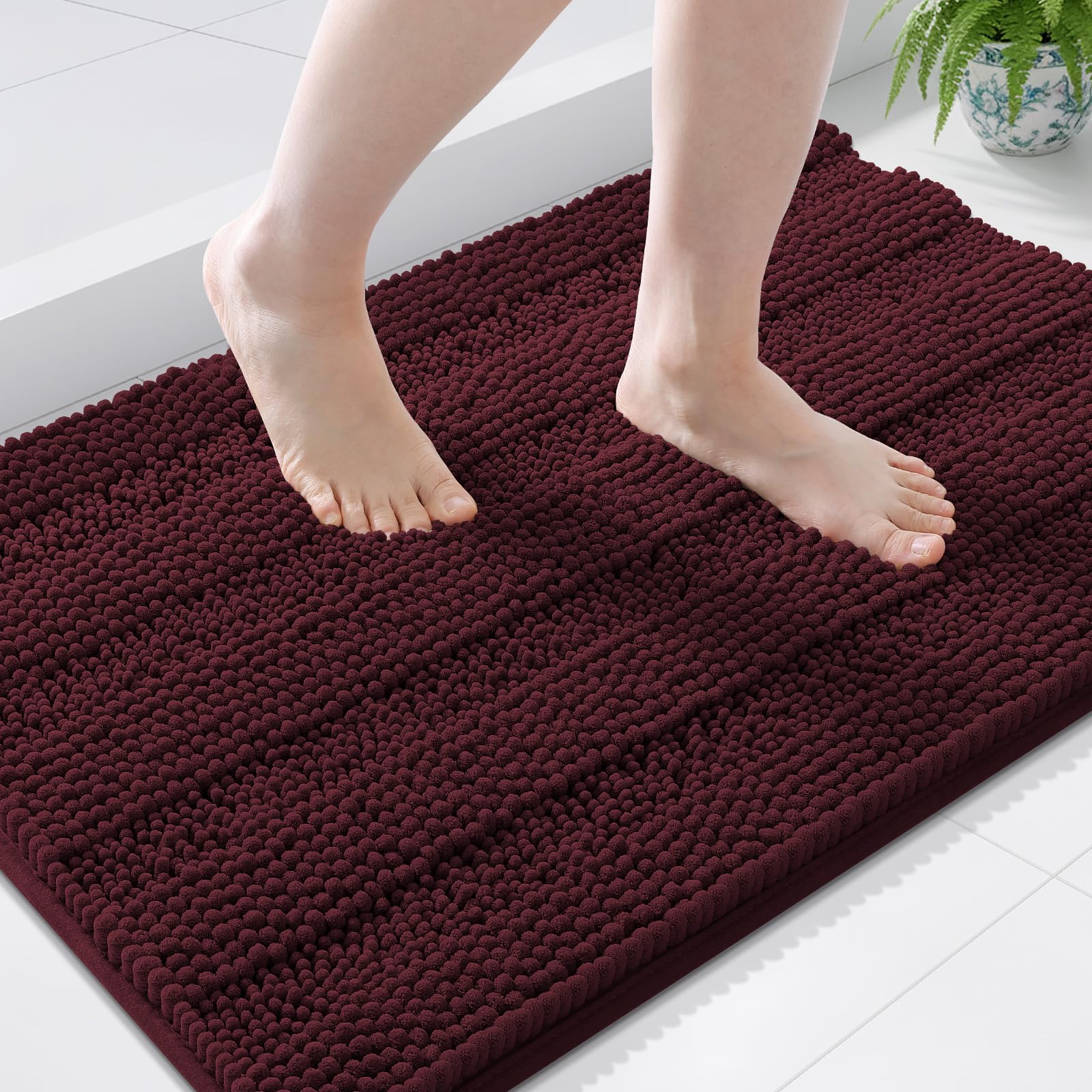 Grandaily Chenille Bathroom Rugs 36x24, Soft Bath Mats, Black Cherry