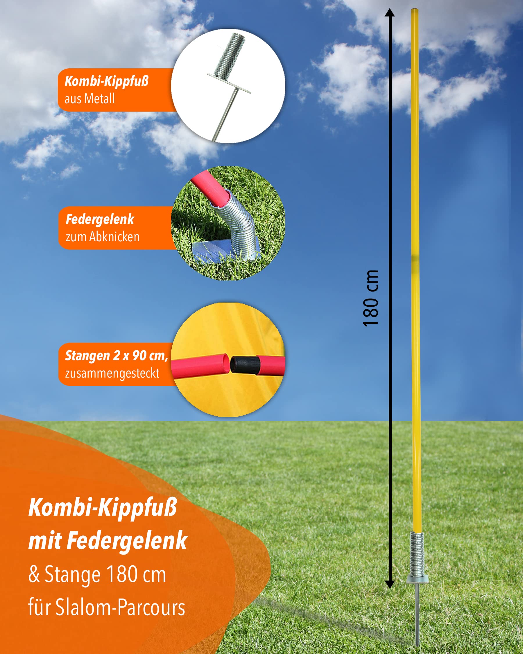 Pied à bascule combiné en métal avec barre de slalom 180 cm - Lot de 4 - Barre pour slalom et entraînement de coordination - Pour football et sports canins - Kit de slalom