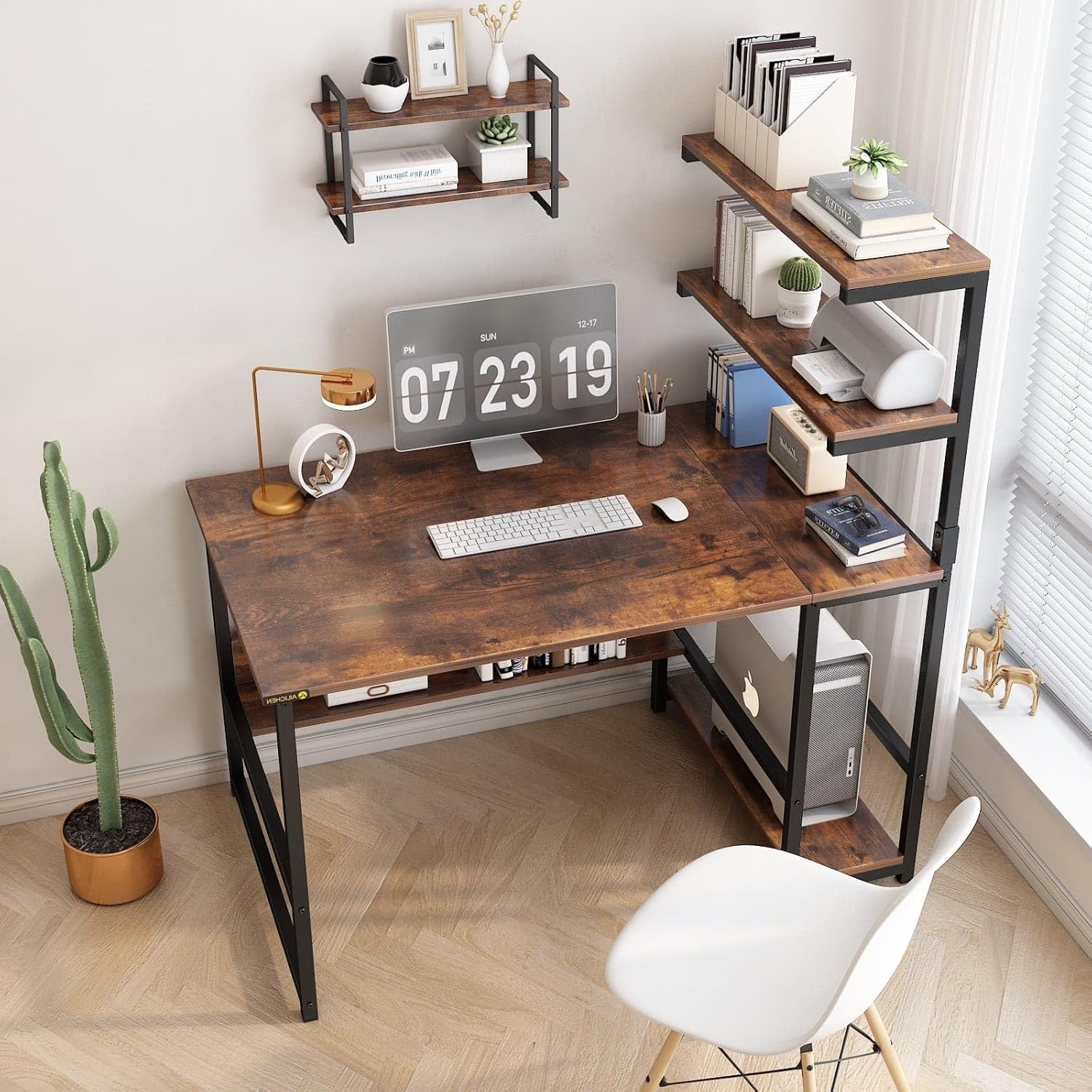 ALISENED Computer Desk with 4-Tier Storage Shelves, 43.3 inch Modern Large Office Desk Computer Table Studying Writing Desk Workstation with Bookshelf and Tower Shelf for Home Office