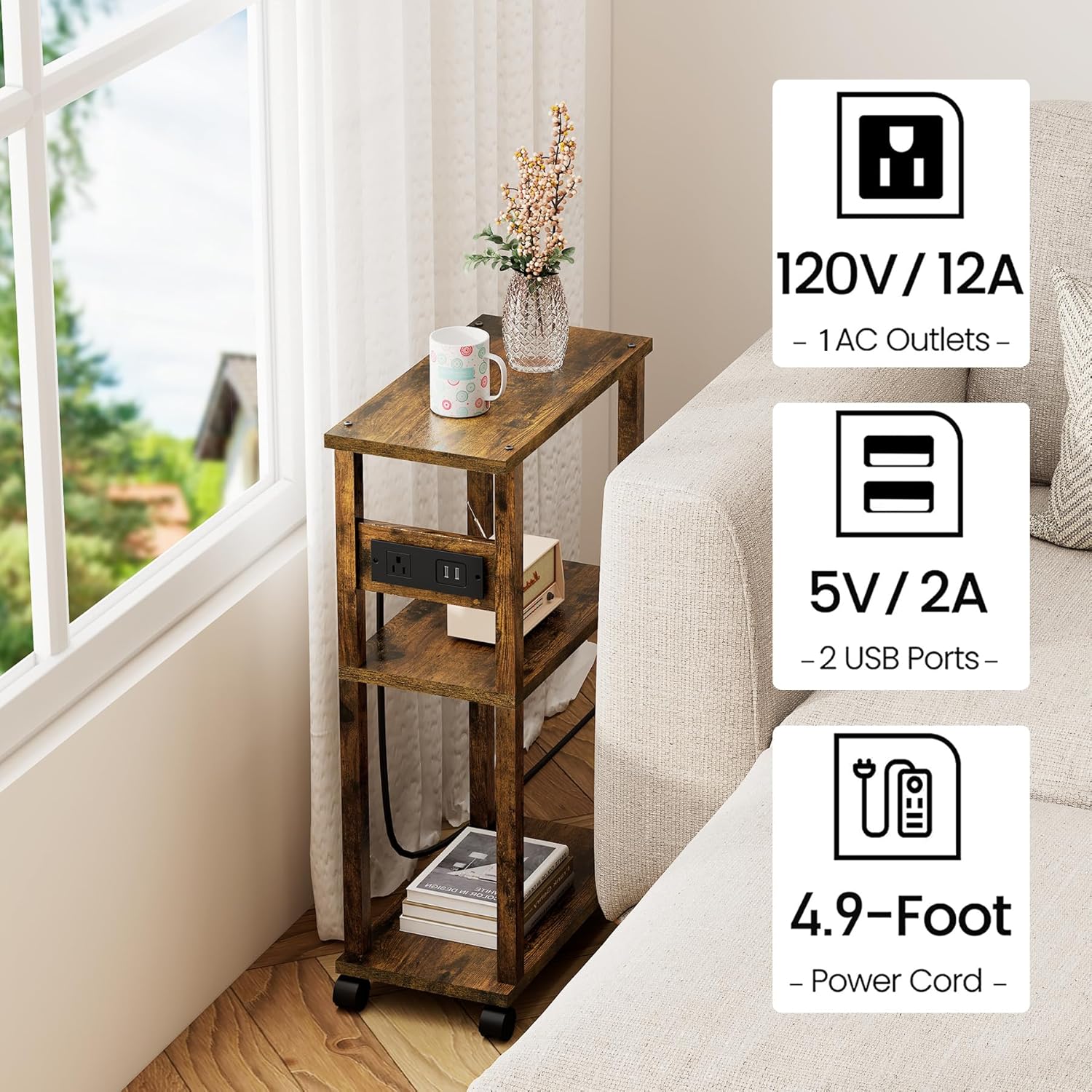 Small Narrow Side Table with Charging Stat, Skinny End Table