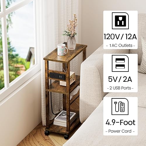 Miniatura 28 de TUTOTAK Mesa auxiliar pequeña y estrecha con estación de carga, juego de 2, mesa auxiliar delgada para espacios pequeños, mesita de noche delgada