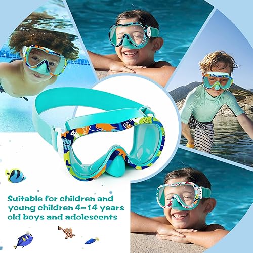 Miniatura 8 de Gafas de natación para niños con cubierta para la nariz, máscara de esnórquel panorámica de 180° con diseño antivaho y antifugas, correa de tela