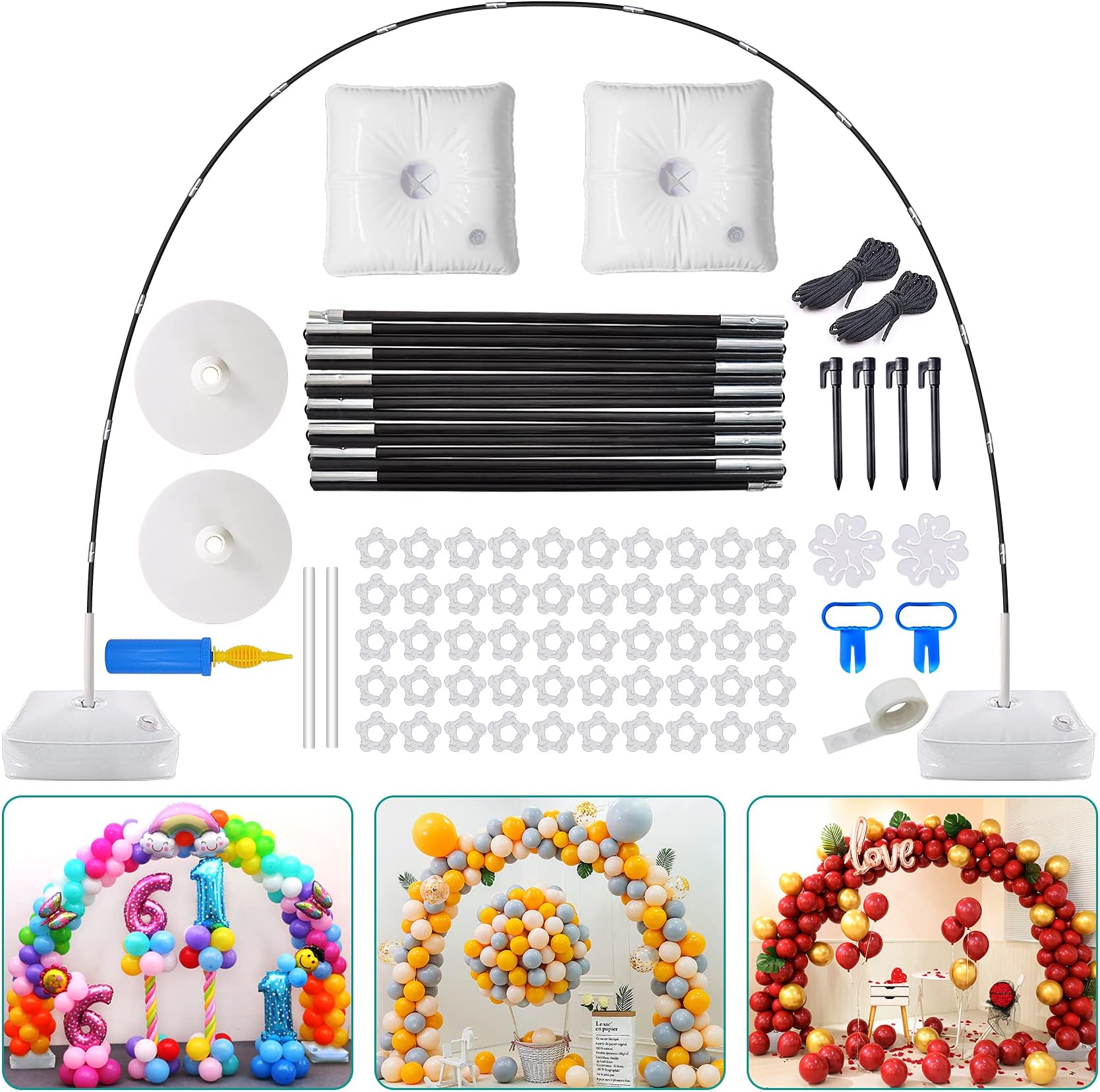 Balloon Arch Kit, 9FT Tall &10Ft Wide Adjustable Plastic Balloon Column Stands Set with Water Fillable Bases and Water Bag 50 Balloon Clips,1 Manual Pump,2 Knotter, Dot Glue,2 Flower Clips...