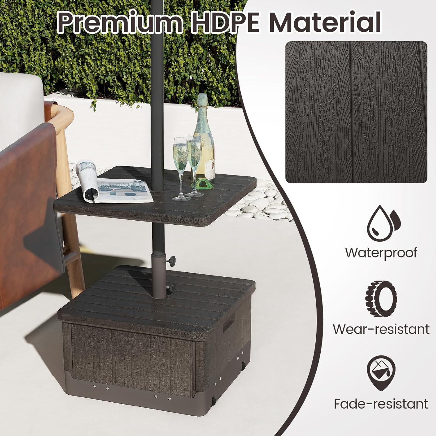 Tangkula 3-in-1 Patio Umbrella Base, 175 LBS Moveable Umbrella Stand w/Table Tray & Weighted Bag, Side Handles, HDPE Frame, 2 Pole Adapters, Garden Coffee Table Planter Box (Brown)