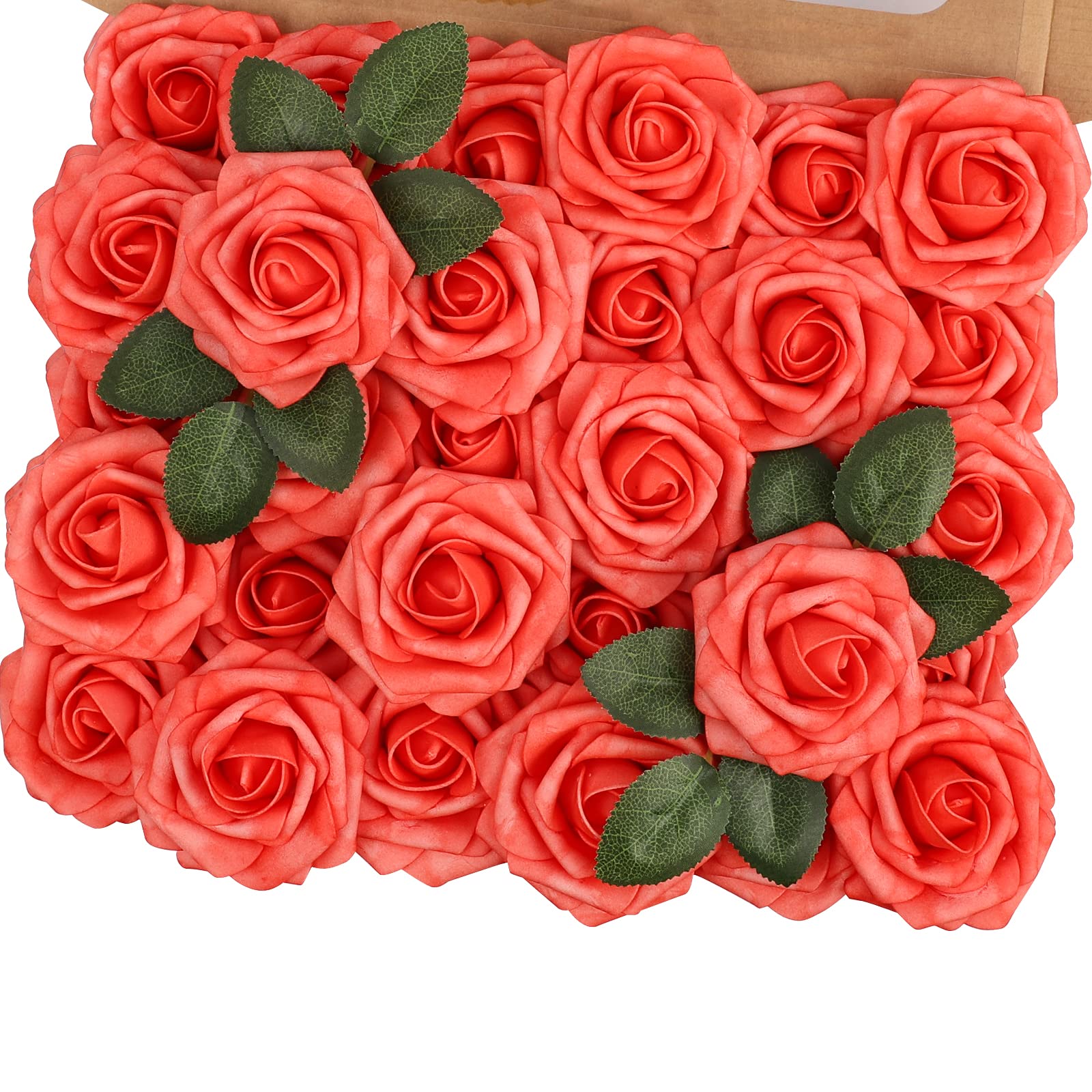 MACTING30PCS Artificial Rose Flowers, Real Touch Coral Red Roses for Mother'day Gift DIY Bouquets Wedding Party Baby Shower Home Christmas Tree Decorations