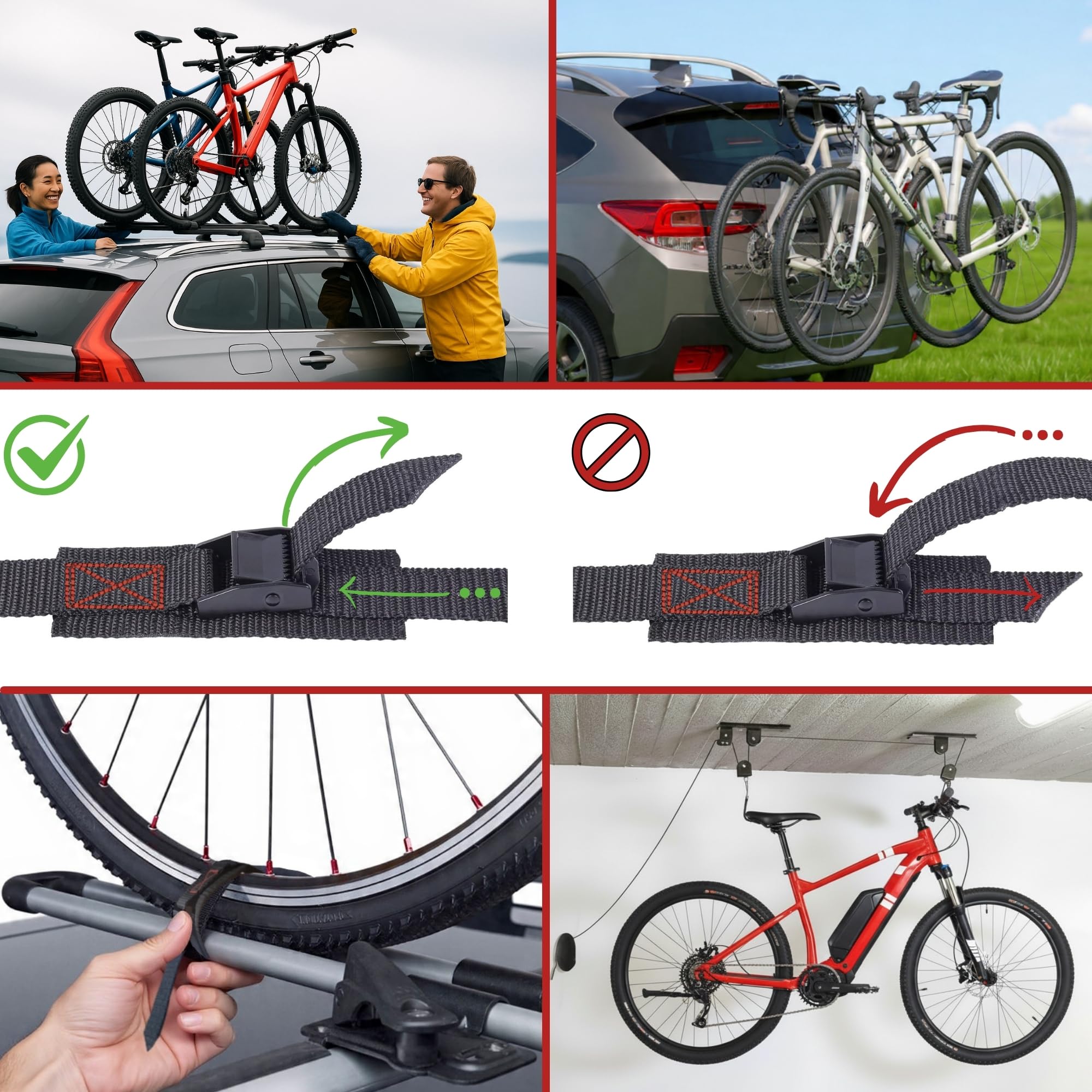 Cinghie per Portabici - Cinghie di Fissaggio Corte con Protezione per Porta Bici da Muro e Portapacchi Auto, Tetto e Posteriore - Set 4 Cinghiette di Fissaggio da 35 cm