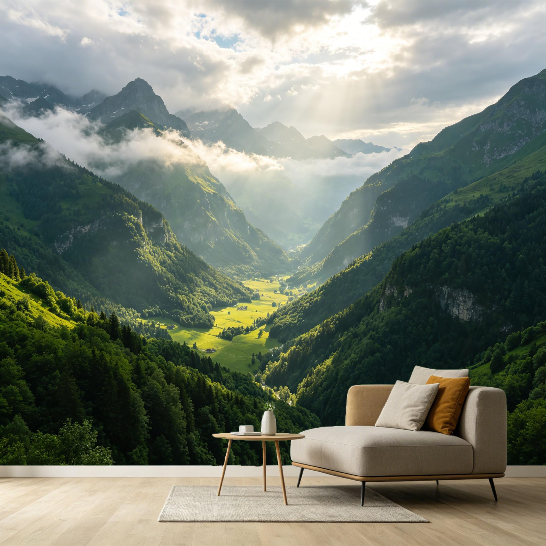 Custom Size Wall Murals Mountain Lake Landscape Oil Painting Alpine Valley Pine Trees SelfAdhesive Wall Fabric Removable Large Wallpaper for Photo Living Room