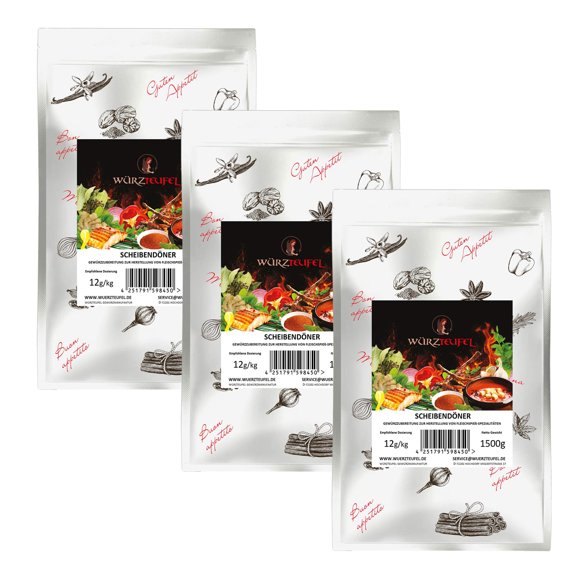 Döner Kebab Gyros Scheibendöner Dönerfleisch - Gewürzzubereitung. 3 XL-Beutel je 1500g. (4,5KG)