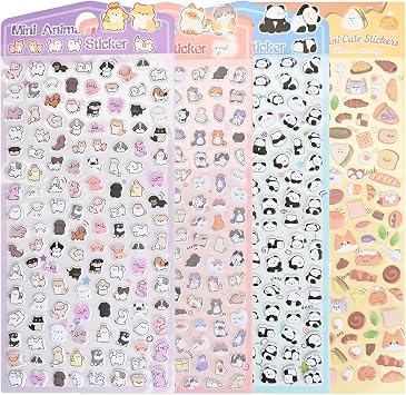 500+ Mini Puffy Stickers, Cute Tiny Small Kawaii 3D Puff Sticker for Toddler Kids Girls, 4 Sheet Jsapanese Cartoon Animal Cat Dog Panda Food Sticker for Rewards,Phone Case, Notebook, Scrapbooking