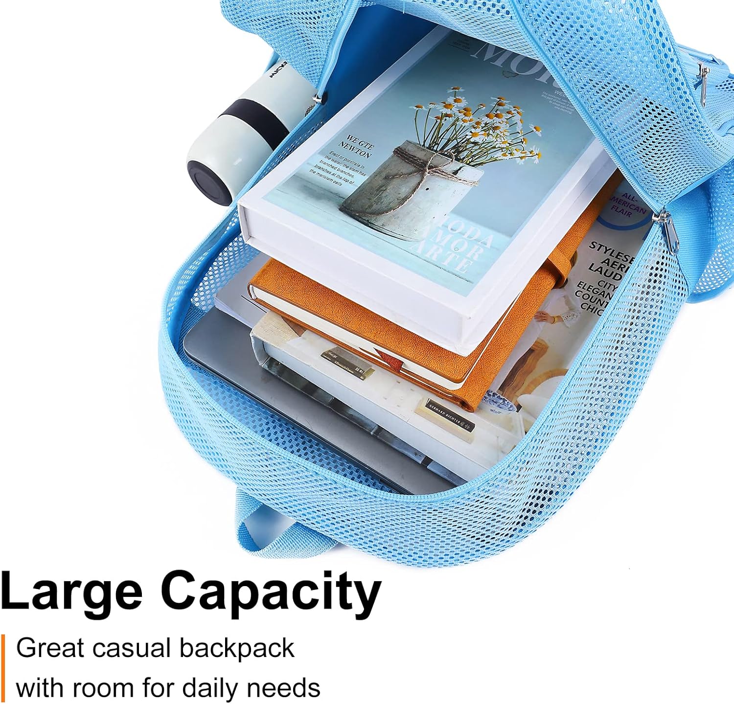 Heavy Duty Mesh Backpack, Semi-transparent Mesh Bookbag, See Through College Backpack with Bungee and Comfort Padded Straps for Commuting, Swimming, Beach, Outdoor Sports (Blue) - Image 4