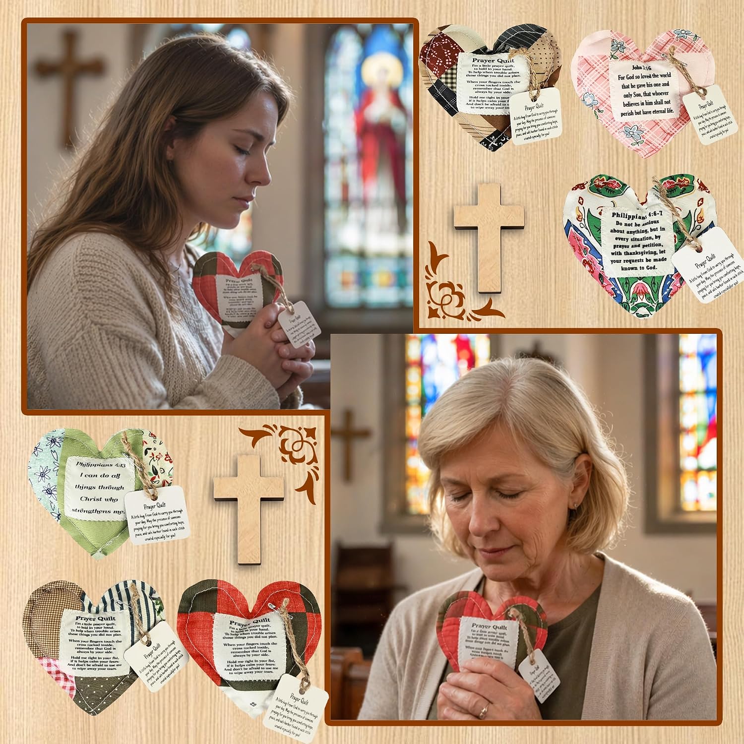 12 Pcs Mini Heart Prayer Quilt with Cross Inside, Vintage Pocket Scripture Prayer Quilt Christian Gifts for Women, Sympathy Gifts for Clergy, Pastor Appreciation, Father's Day, Graduates (12, Classic)