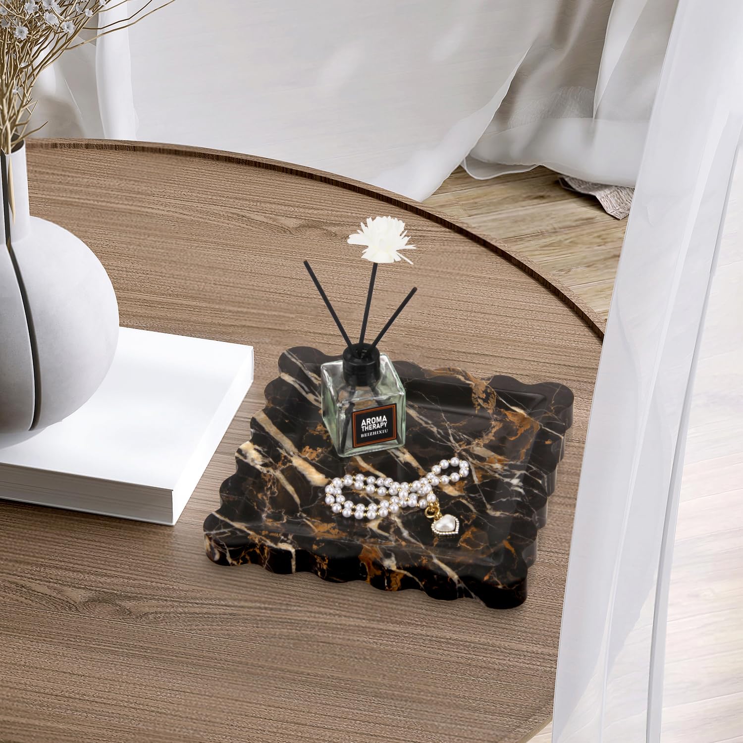 Plateau Marbre Or Noir Plateaux Ondulé de Salle de Bain Rangement Plateau Décoratif pour Coiffeuse, Mouchoirs, Bougies, Serviettes, Cosmétiques, Cuisine, Parfum, Porte-clés 20 x 20 cm