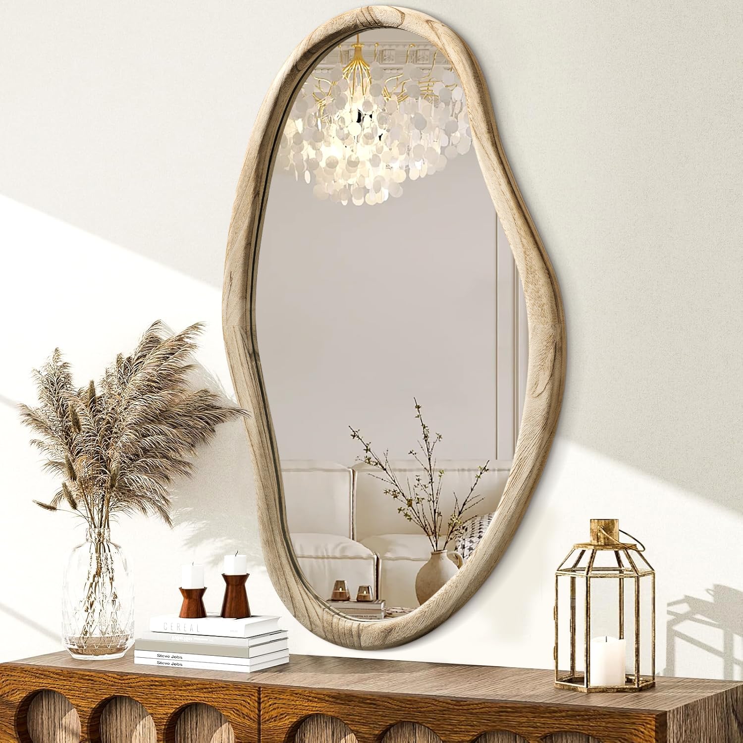 JJUUYOU Irregular Mirrors for Wall Asymmetrical Bathroom Mirror 30"x18" Wall Mounted Mirrors Horizontal or Vertical Hanging Wall Mirrors for Makeup Bathroom Bedroom Living Room Wood
