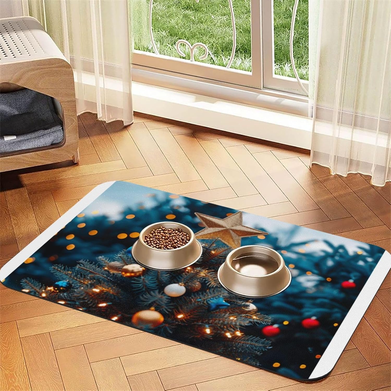 Dress up The Beautiful Christmas Tree Pet Feeding Mat-Waterproof & Non-Slip Dog and Cat Food Mat-No Stains Quick Dry Dog Water Dispenser Mat