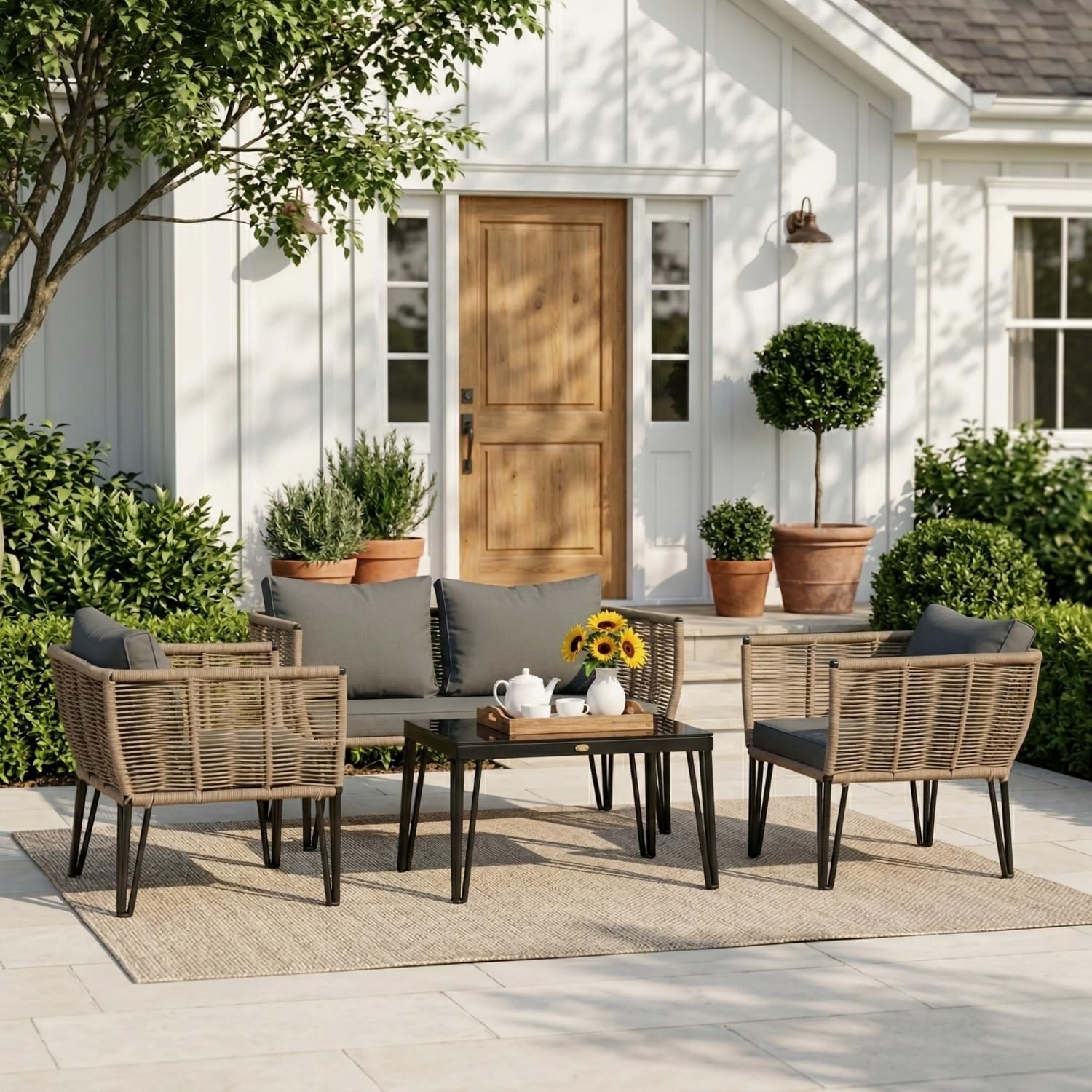 DEVOKO Outdoor 4 Piece Patio Sofa Set Handwoven Powder Coated Iron Frame Furniture with Glass Top Table and Comfortable Cushion for Garden, Balcony, Backyard, Porch(Beige & Dark Grey)