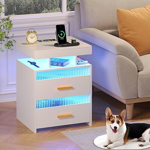 Miniatura 2 de Juego de 2 mesitas de noche inteligentes con luces mesita de noche LED con estación de carga, mesas de sofá con sensor humano y cajones para